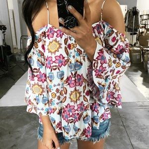 Floral Cold Shoulder Top with Bell Sleeves